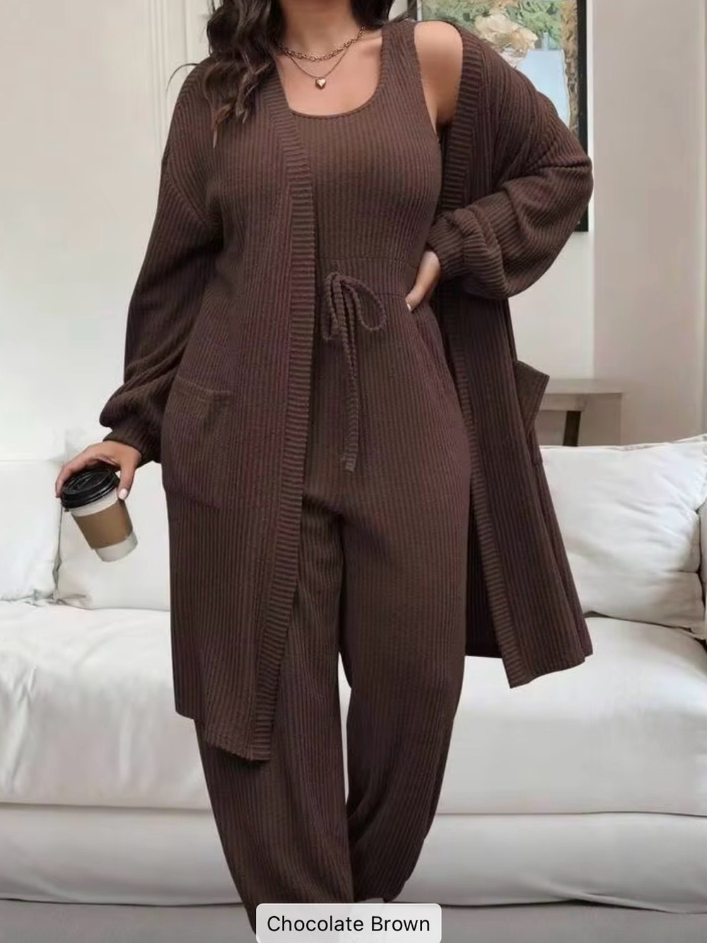 SHEIN Chocolate Brown Ribbed Wide Leg Jumpsuit with Long Cardigan